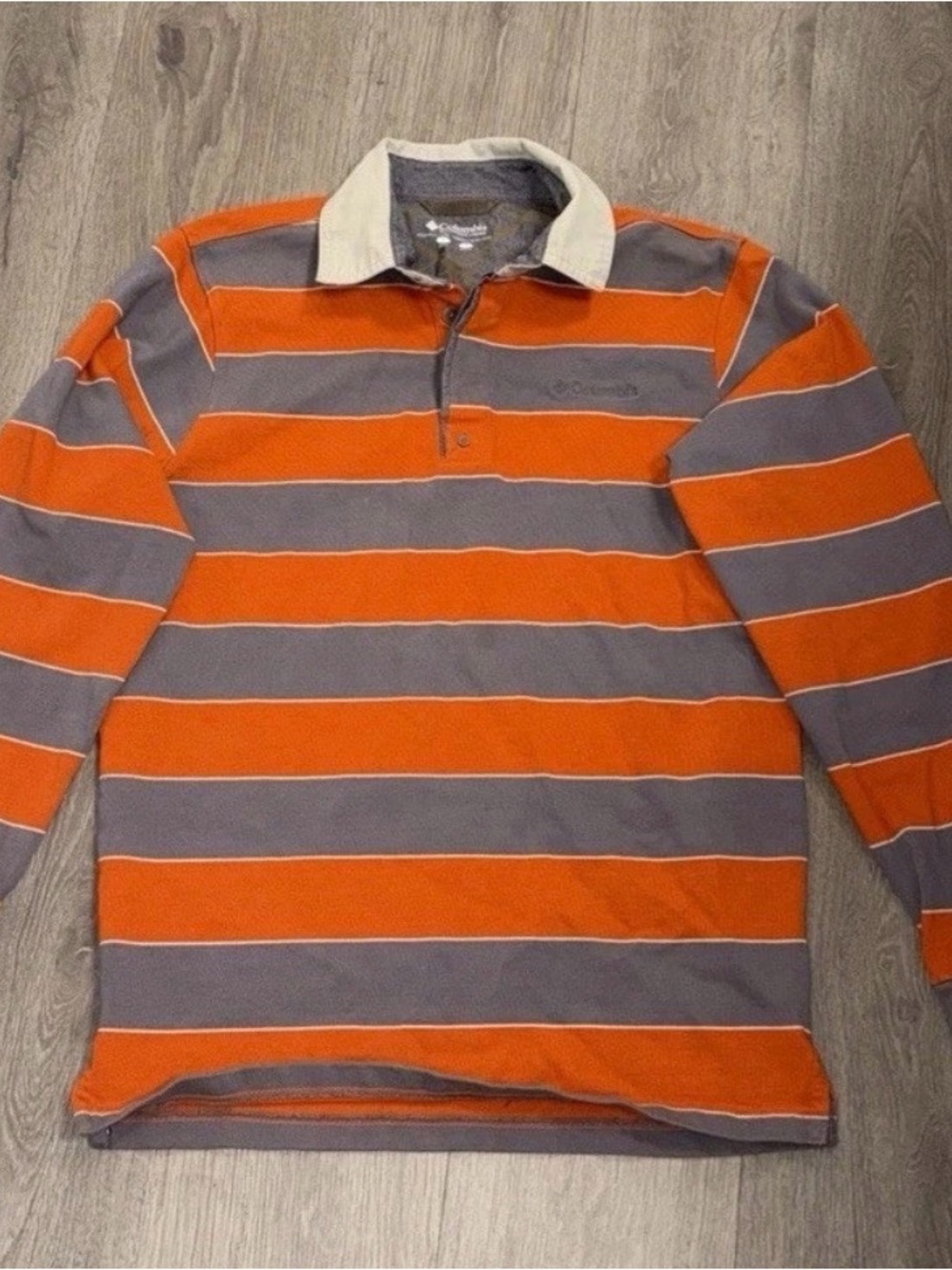 Columbia Men's Orange and Gray Striped Rugby Polo Shirt Small